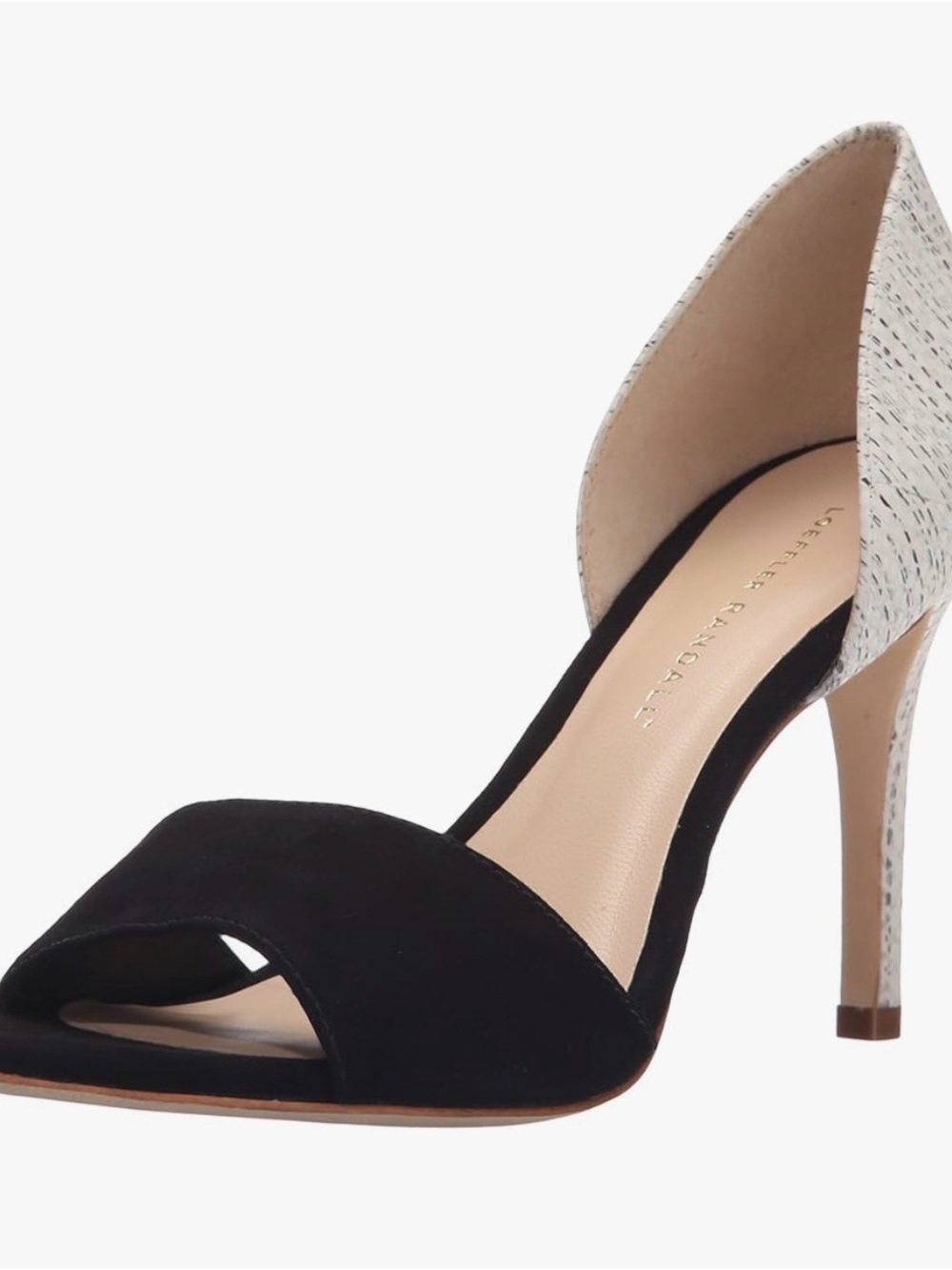 Loeffler Randall Black Suede and White Patterned D'Orsay Peep-Toe Heels